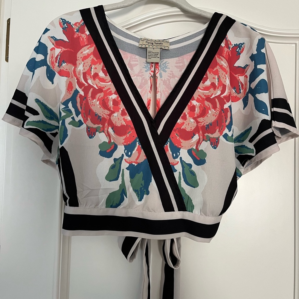 Flying Tomato Crop Floral Wrap Top - Black, Red, Green